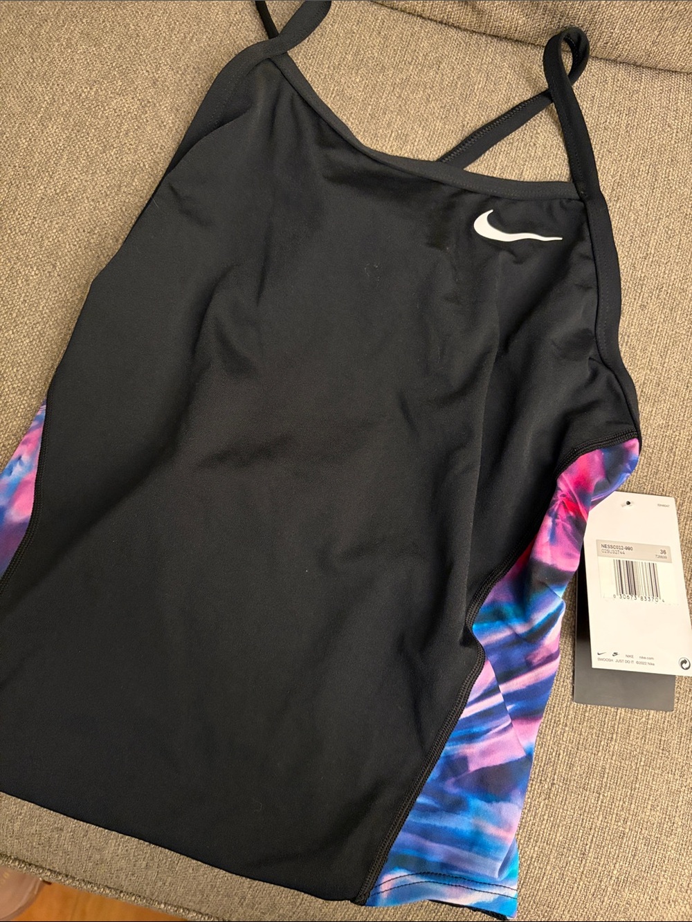 Nike Women’s Black One-Piece Swimsuit with Purple and Blue Tie-Dye Side Panels